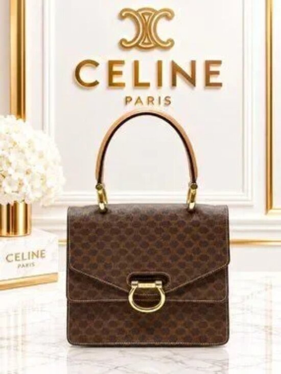 Celine Handbags - Authentic Celine Vintage Macadam Brown Monogram Leather Flap Top Handle Bag